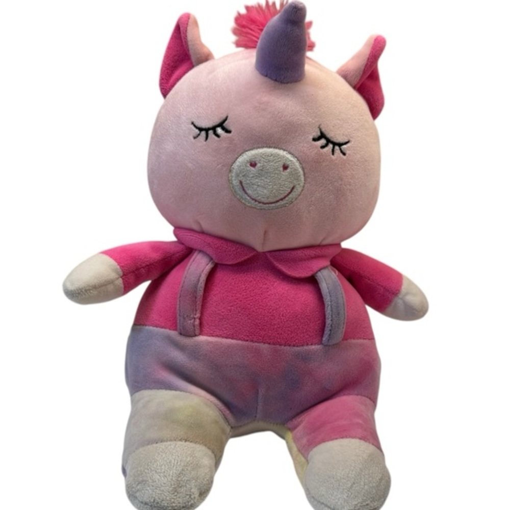 Goffa 12” Super Soft Plush Pig pink unicorn with overalls and‎ Mohawk.